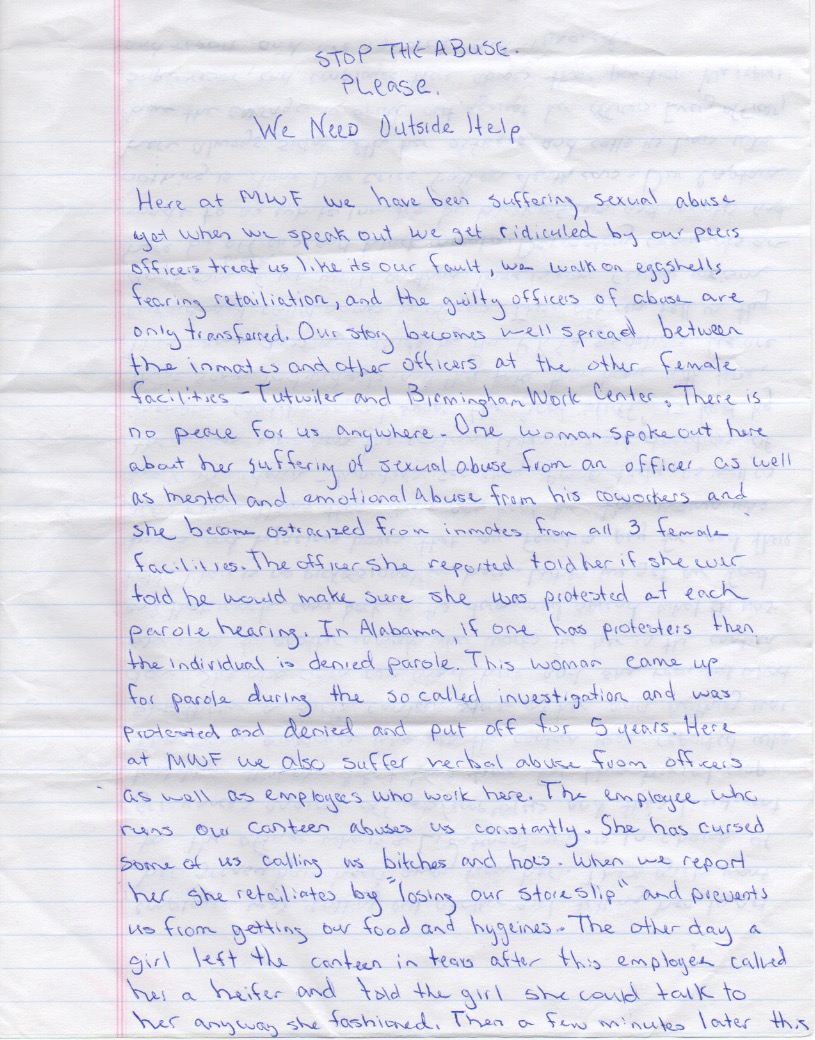 Statement alleging systemic abuse at Montgomery Women's Facility