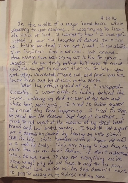 Mental illness and depression - An untitled letter from an inmate at Montgomery Women's Facility